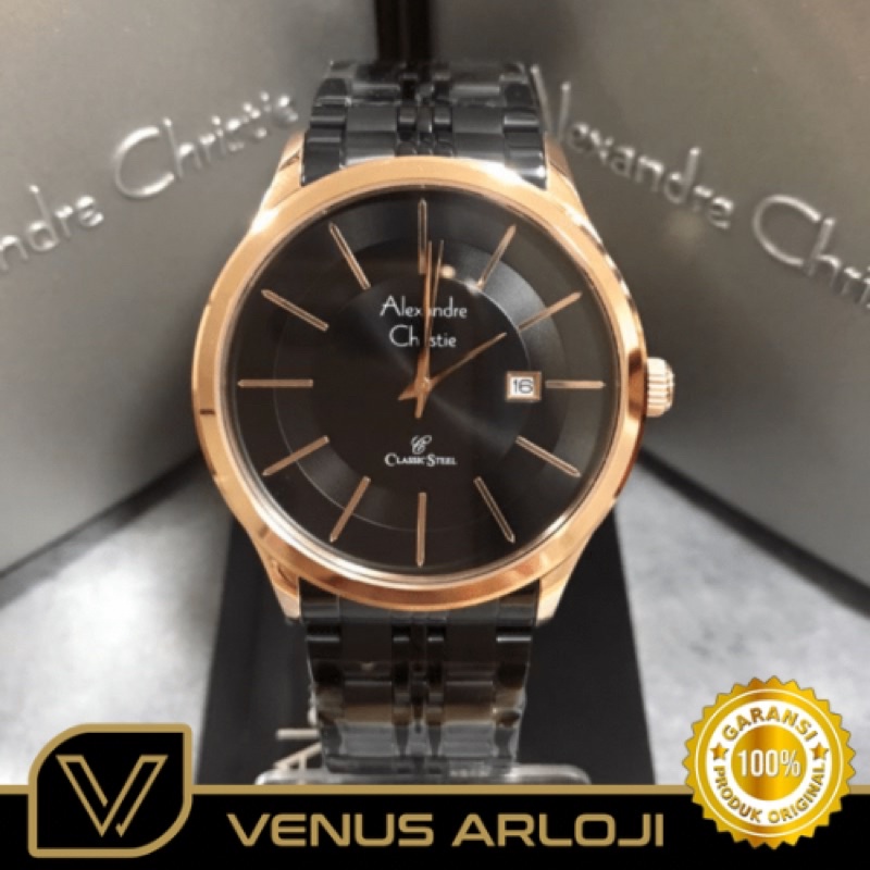 Jam Alexandre Christie AC 8348 MD BBR Pria Rosegold Rantai Hitam Bulat