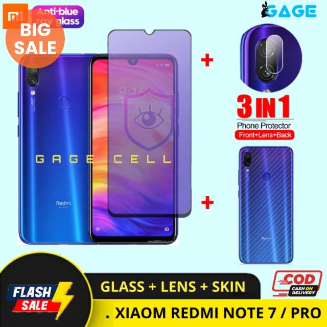 PAKET 3IN1 TEMPERED GLASS ANTI RADIASI BLUE LIGHT REDMI NOTE 7 PRO FULL LAYAR KAMERA SKIN CARBON