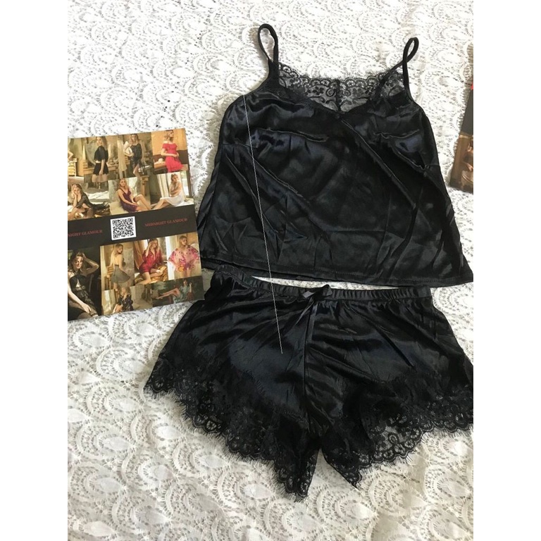 Victoria Sexy Lingerie Baju Tidur Wanita Import Sleepwear Bahan Silk Wanita 3049-BLACK