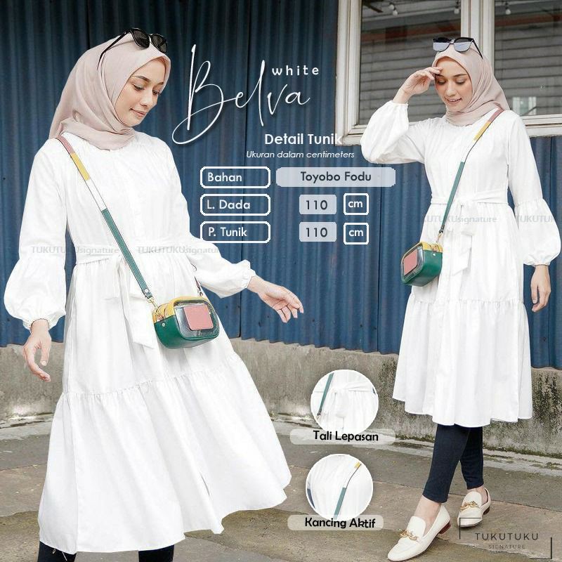 (COD) Belva White Black Tunik Panjang Putih Hitam Polos Jumbo Ld 110 XXL Long Tunic Lengan Balon By 