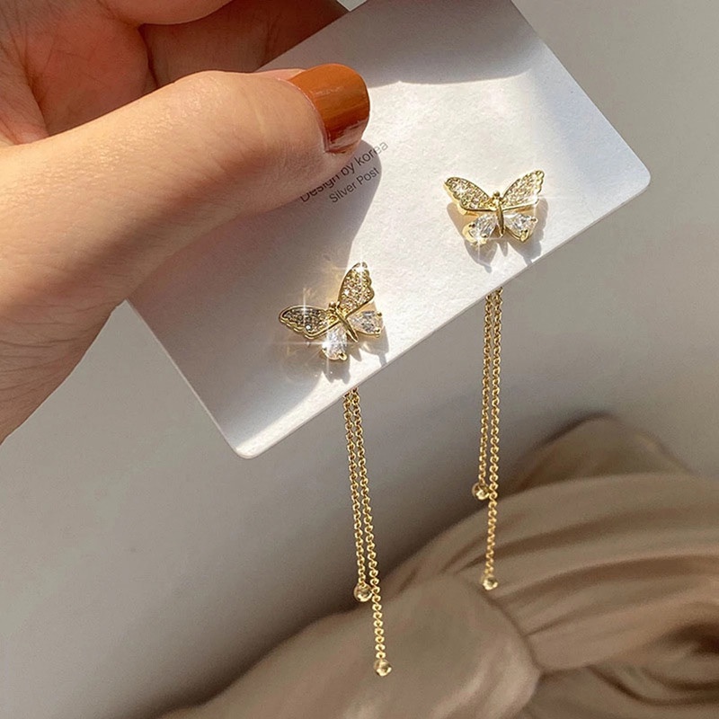 Anting Tusuk Gantung Panjang Wanita Desain Kupu-Kupu Rumbai Gaya Korea Butterfly