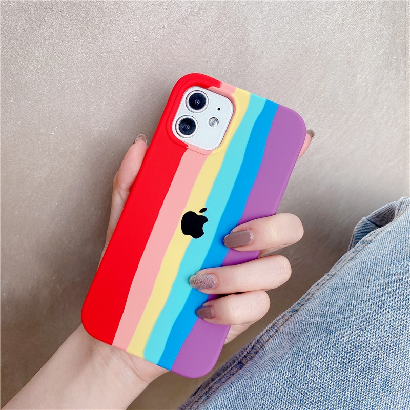 Case Pelindung shockproof Motif Garis Pelangi Untuk casing iPhone 11 12 13 14 Pro Max X Xs Xr 7 8 Plus SE2020