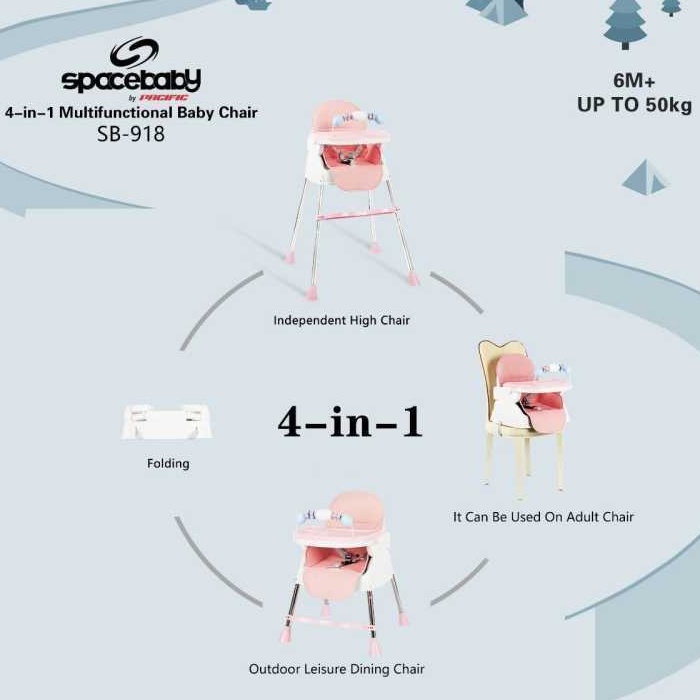 Instan Baby High Chair Spacebaby SB918 Multiswitch 4 in 1 Kursi Makan Anak Bayi Balita By Pacific-Pink