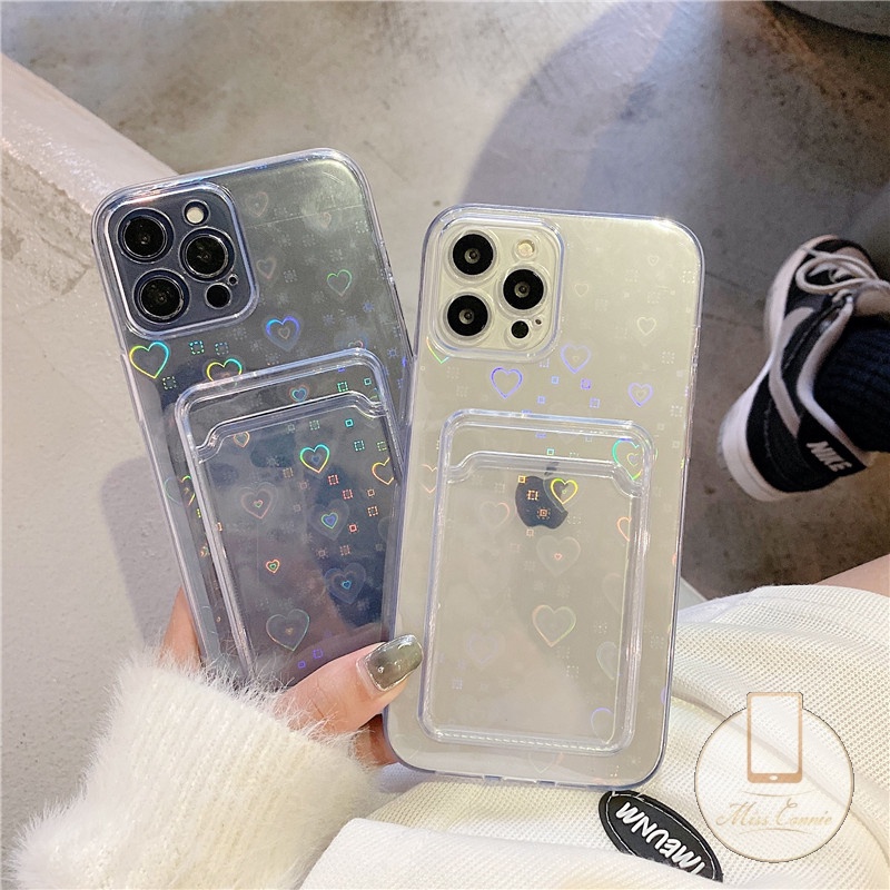 Soft Case Transparan Motif Hati Dengan Slot Kartu Untuk iPhone 7 8 Plus X XR XS Max SE 11 12 13 Pro Max