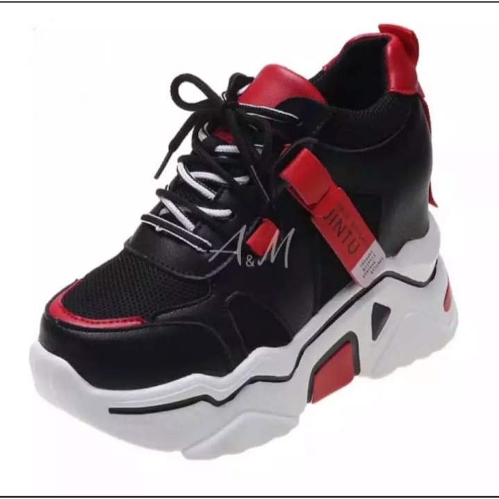 Fatimah BISA COD PROMO Sepatu Sneaker Wanita JINTU Hitam List Merah BAYAR DITEMPAT laris