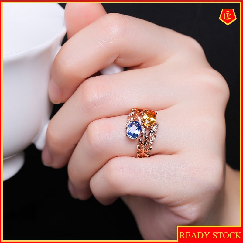 [Ready Stock]Fashion Elegant Rose Gold Grass Shaped Colored Gems Ring