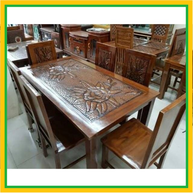 Meja makan kursi 6 + kaca meja jati
