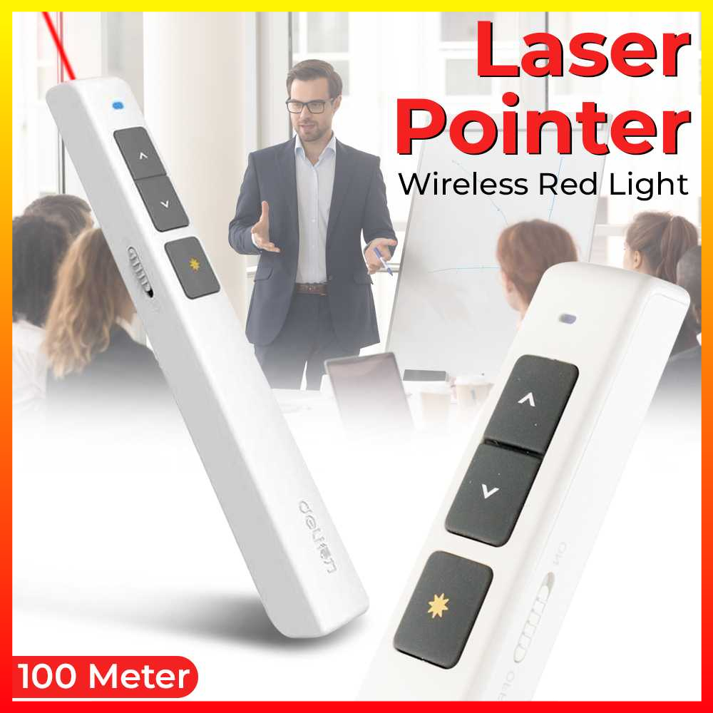 Deli Laser Pointer + Presenter Wireless USB Pen Laser Proyeksi Penunjuk Elektronik Presentasi PPT Sinar Merah Jarak 100 M Baterai Isi Ulang - 7CLP09WH