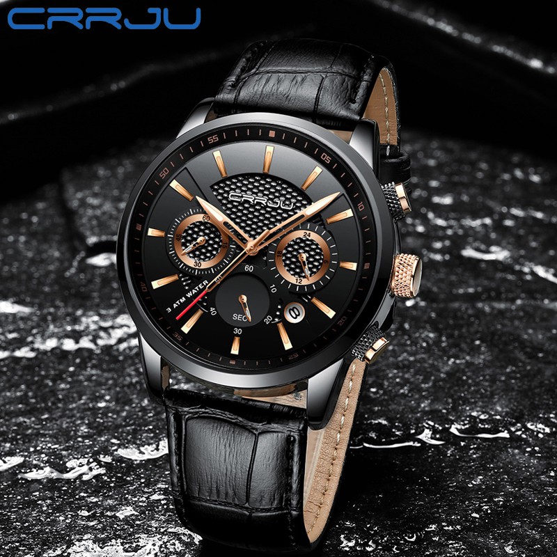 Jam Tangan Pria CRRJU Fashion Men's Sports Chronograph Jam Tangan Kulit Kalender Tahan Air Jam Tangan Cowok