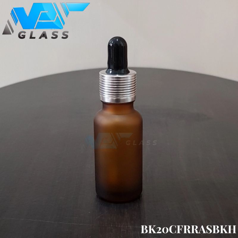 botol kaca pipet 20ml frosted doff coklat amber - ring almunium silver bergaris