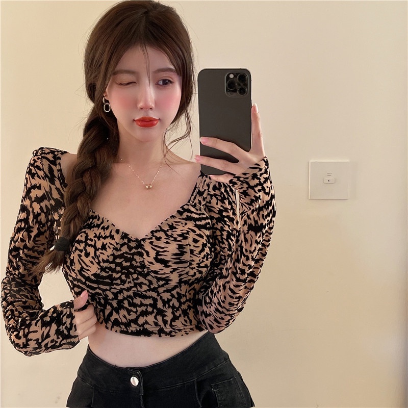 Suhao Leopard T-Shirt Feminin Lengan Panjang Pinggang Tinggi Ketat V-Neck Bottoming Shirt Cropped To