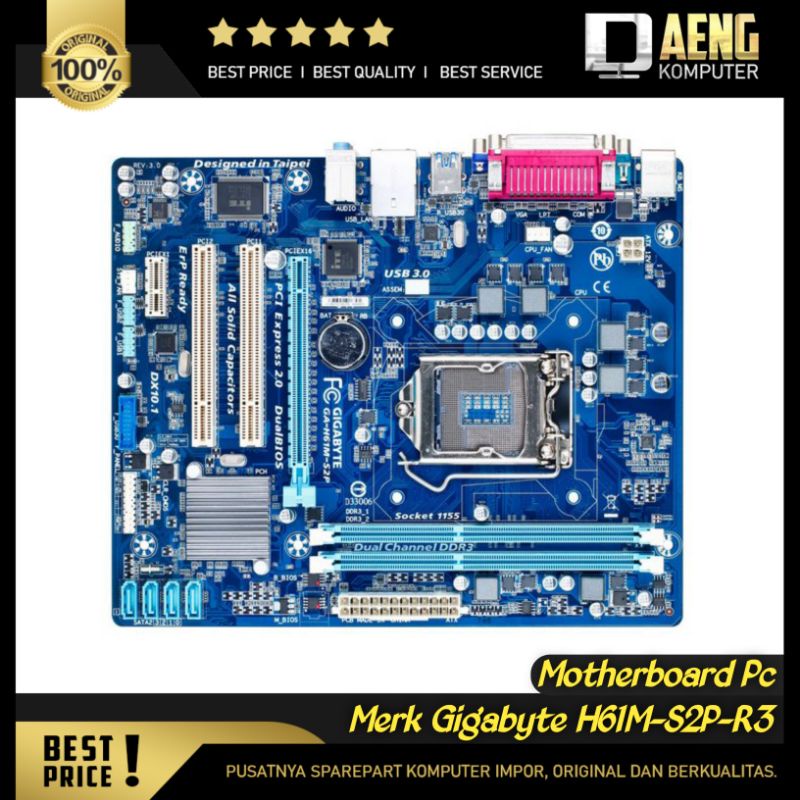 Motherboard Mainboard Mobo PC Merk Gigabyte H61M-S2P-R3 Socket 1155 support Ivy USB 3.0 Original Mur