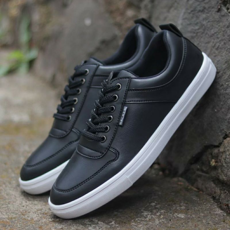 THIAGO BLACK Sepatu Pria Casual Sneakers Cowok Hitam Kulit Sintetis Kets Santai Kerja Semi Formal Original