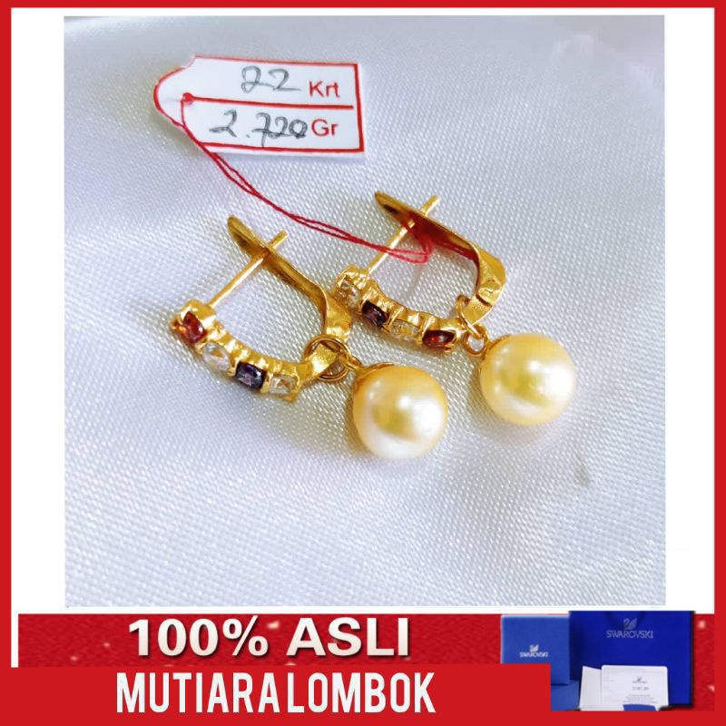 anting emas asli mutiara laut kadar emas tinggi 91.6% 22 karat  mutiara lombok lengkap sertifikat no