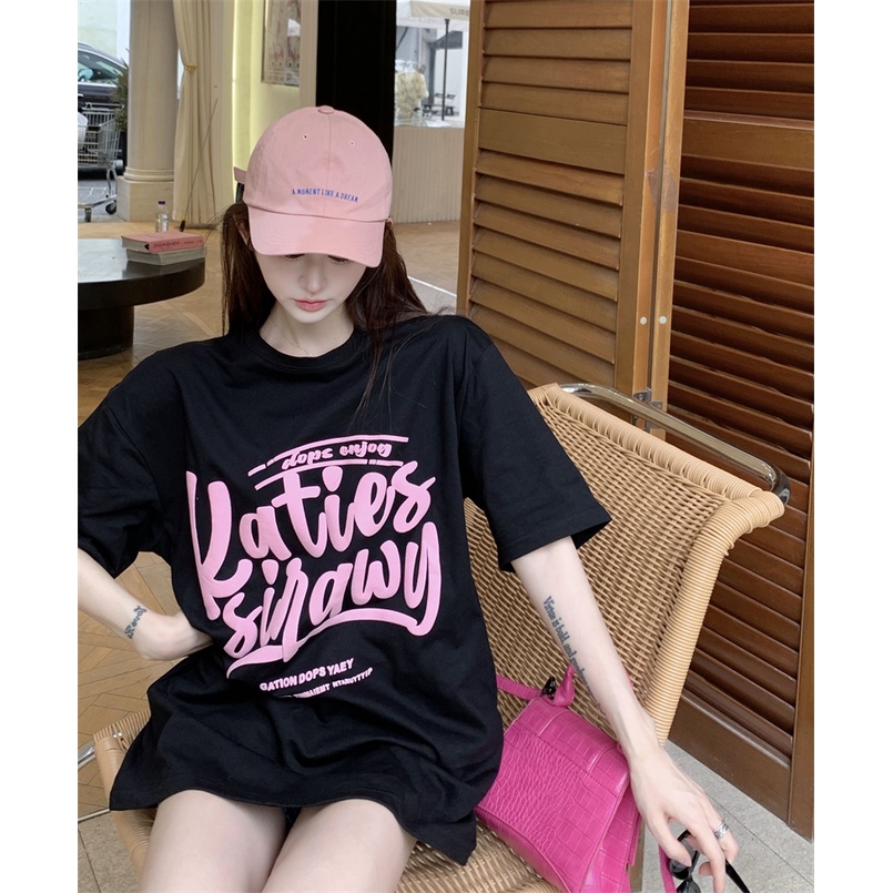 kaos atasan wanita lengan pendek oversize printed letters t shirt korean style kaos hitam