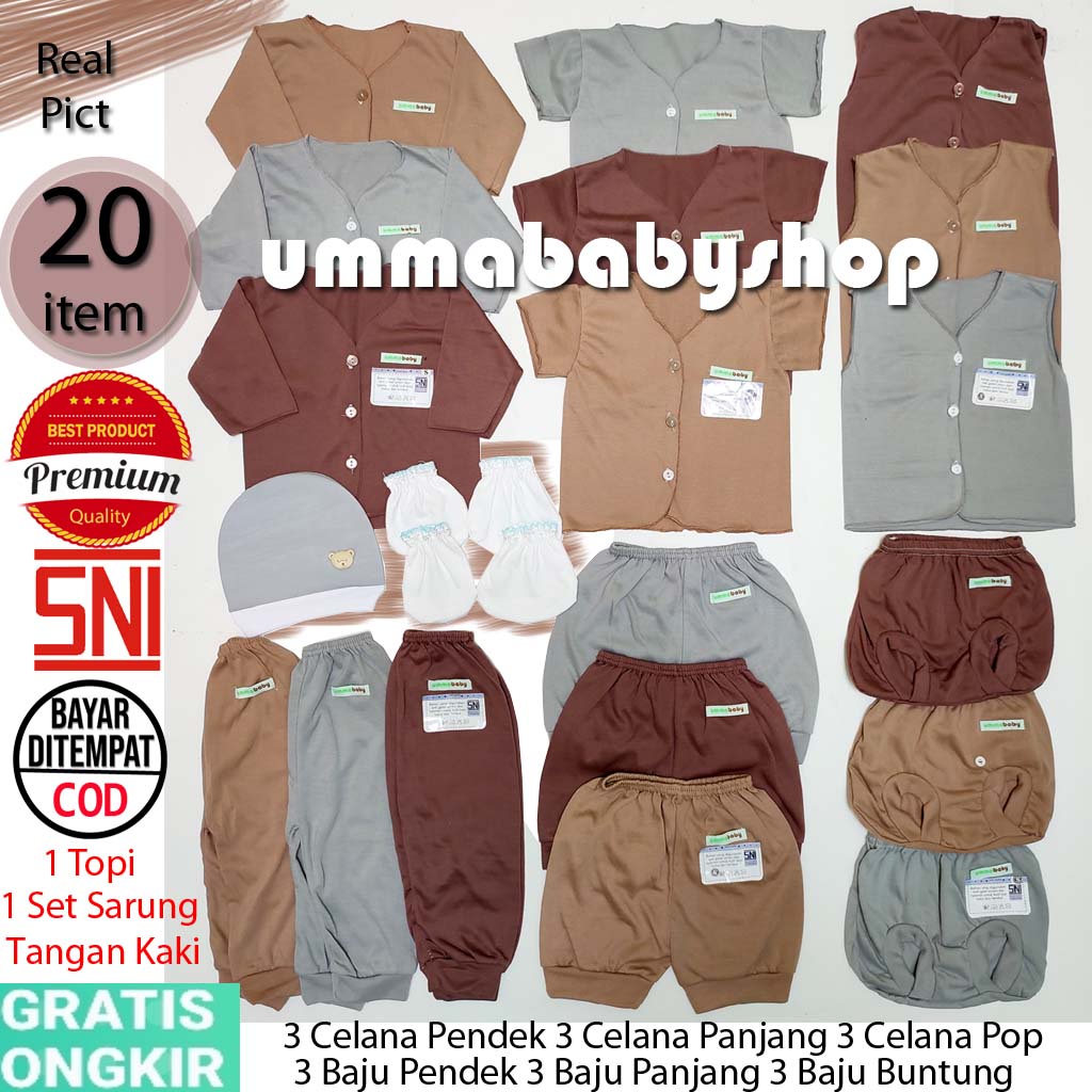 20 pcs Setelan Baju Bayi Laki Perempuan Paket Ekonomis Perlengkapan Baju Bayi Setelan Anak Celana Bayi Paket Lengkap Hemat Baby Newborn Gift Set Persiapan Lahiran SNI Polos Coklat Kado Murah Akikah Formal Harian