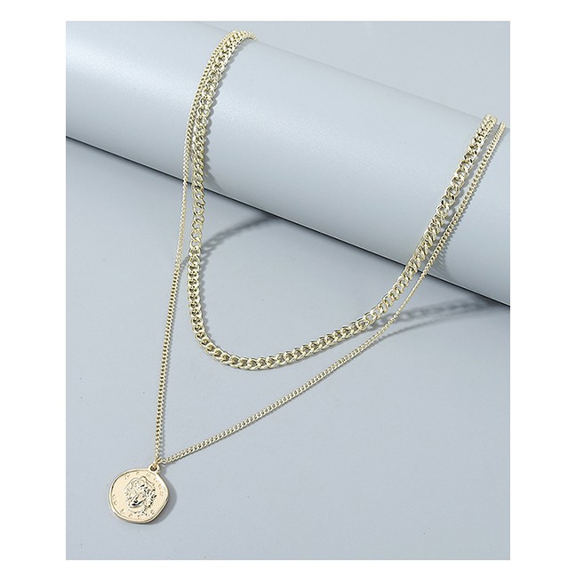 LRC Kalung Fashion Golden Roman Head Alloy Double Necklace y64436
