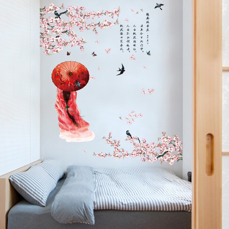 Reliza Wall Sticker Sakura Cewek Payung Girl Flowers Chinese Stiker Dinding LDR