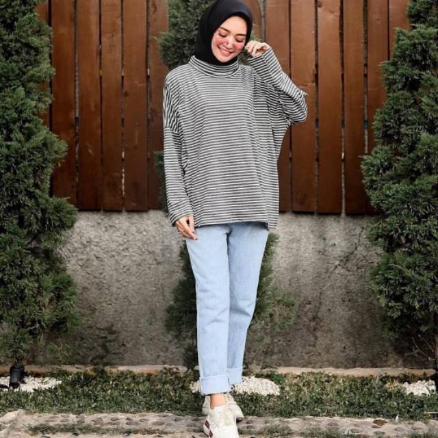 Boyfriend Jeans Loose Tebal Celana Basic Wanita Biru Light