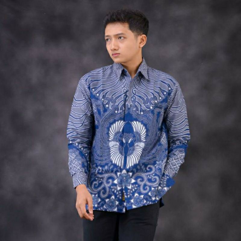 KEMEJA BATIK WARNA BIRU LENGAN PANJANG BATIK PRIA LENGAN PANJANG LAPIS FURING BAHAN KATUN KODE BLUE1