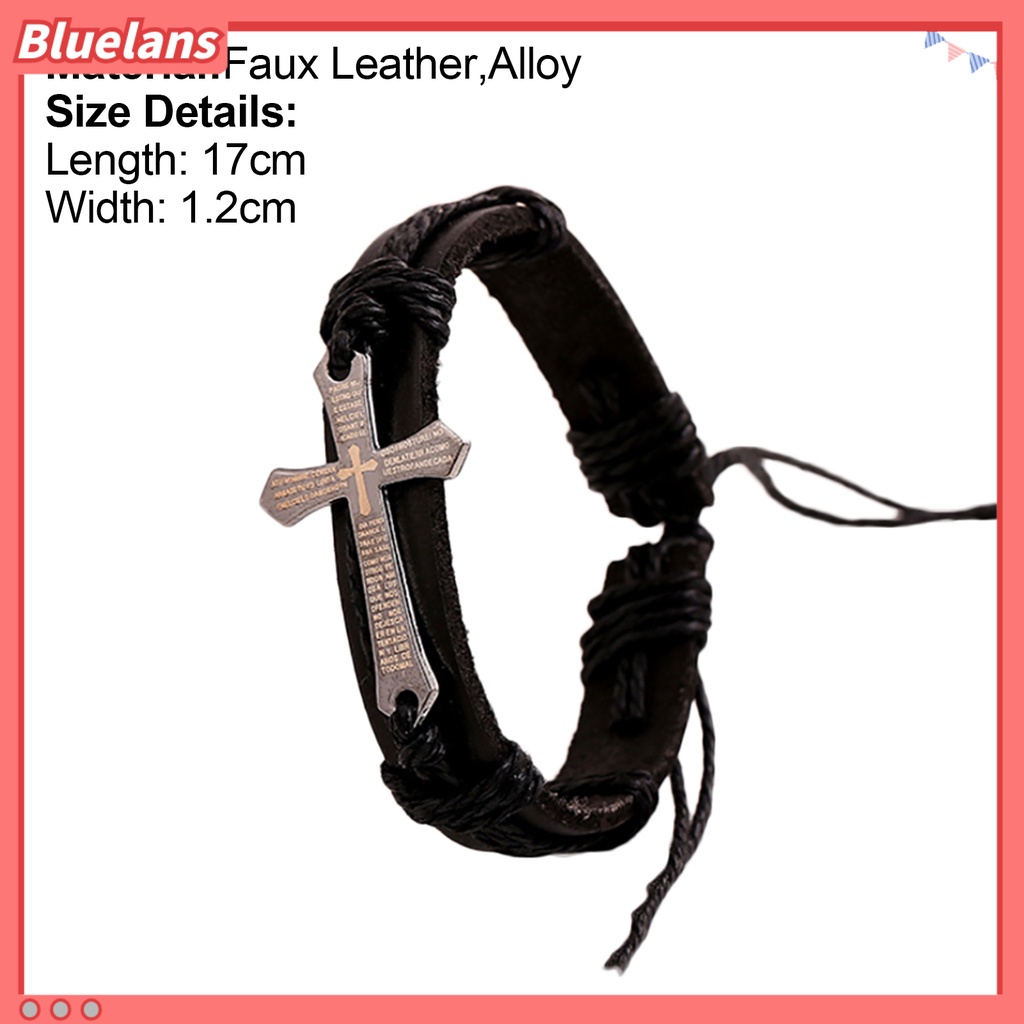 Bluelans Retro Punk Faux Leather Rope Alloy Cross Bible Scriptures Men Adjustable Bracelet