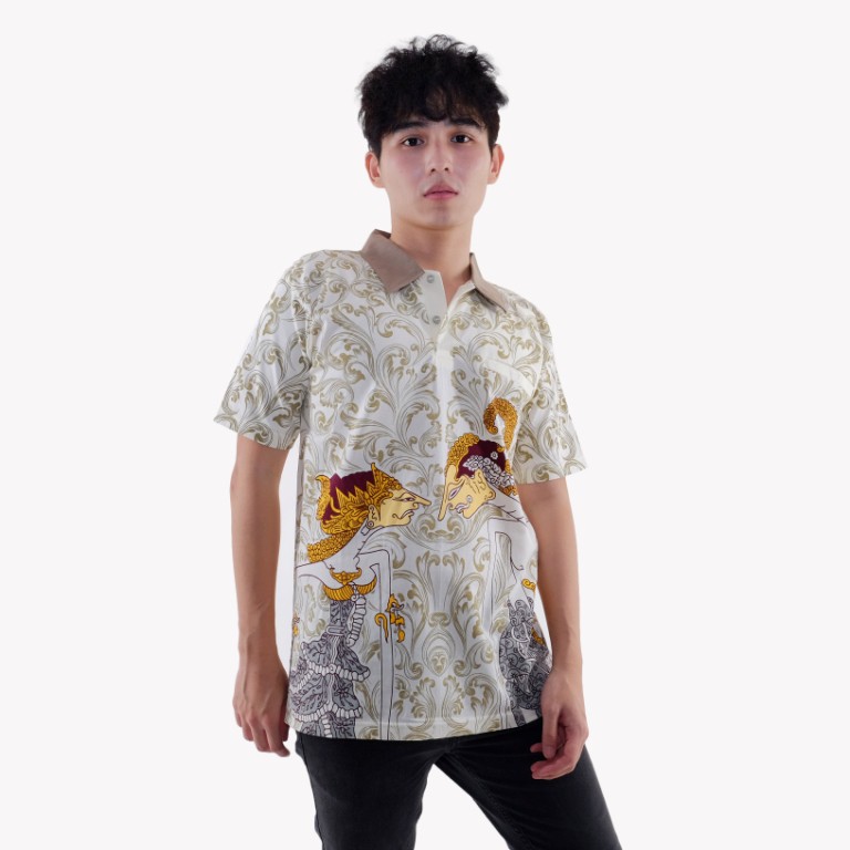 KLAMBEN Kaos Kerah Dewasa Big Size Unisex Batik Wayang Arjuna Srikandi Putih Tulang
