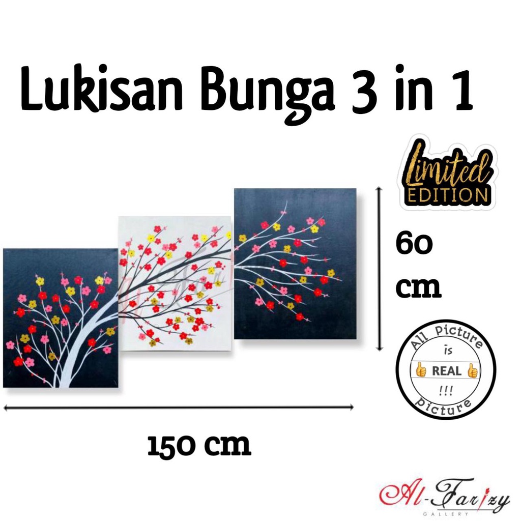 Lukisan Bunga Sakura 3 in 1 Unik Minimalis Kanvas Ukuran 150x60 cm lengkap dengan kayui penyangga