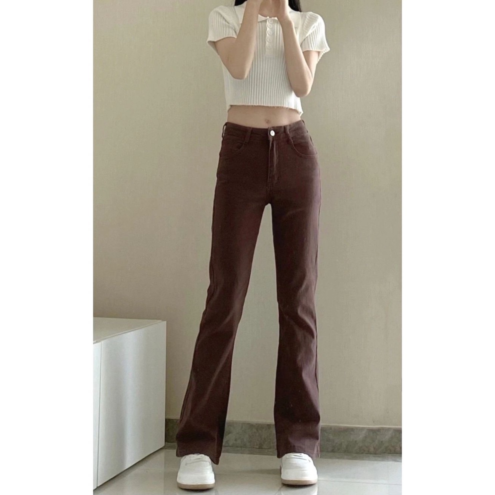 Coklat korean high waist celana jeans wanita