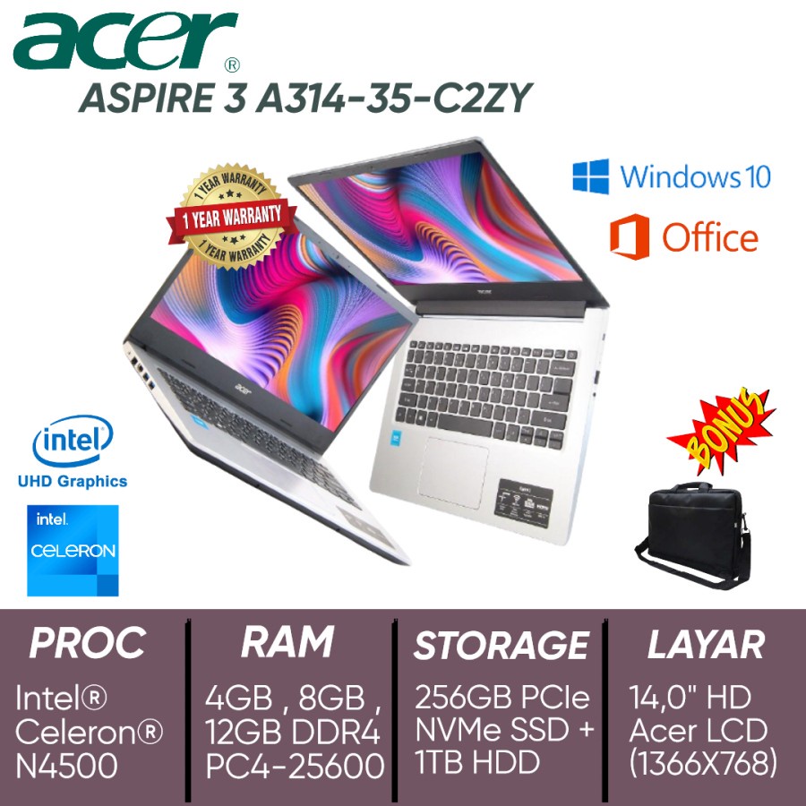 LAPTOP ACER  INTEL CELERON N4500 A314-35-C2ZY, 4GB, 256GB SSD NVME, 14.0 HD ACER COMFYVIEW LCD INTEL  UHD GRAPHICS/ 1950 MB, 128MB, 3 CELL, WC, BT, 1 PORT USB V2.0, 2 PORT USB V3.2, HDMI