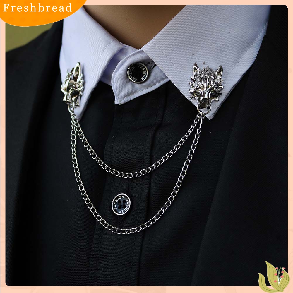 [ TERLARIS]Unisex Double Wolf Head Tassel Chain Brooch Pin Suit Shirt Collar Badge Gift