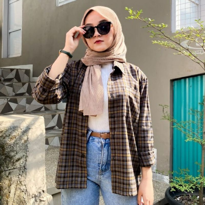 Kemeja Flanel Wanita Korean Lengan Panjang Flannel Wanita Kotak Bestseller