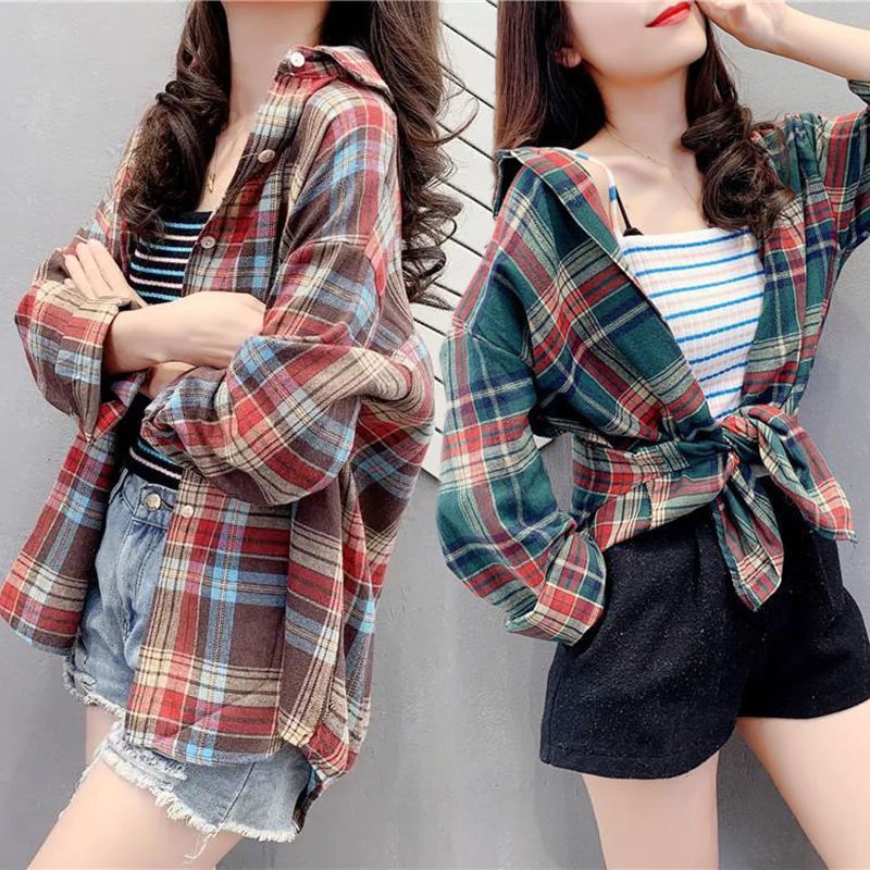 Kemeja Wanita Casual Lengan Panjang Model Longgar Motif Kotak-Kotak KoreaStyle Atasan M-3XL-1