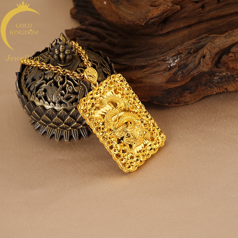 Liontin Bentuk Kotak Desain Naga Lapis Emas Asli Kadar 375 Gaya Bangkok Untuk Pria