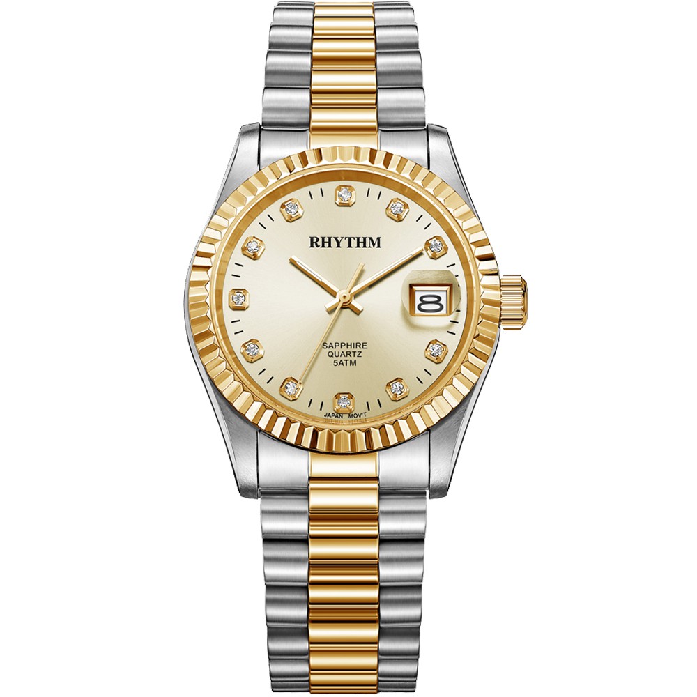 JAM TANGAN PRIA RHYTHM RQ1609 S10 RQ1609S10 ANALOG SILVER GOLD COMBI STAINLESS STRAP