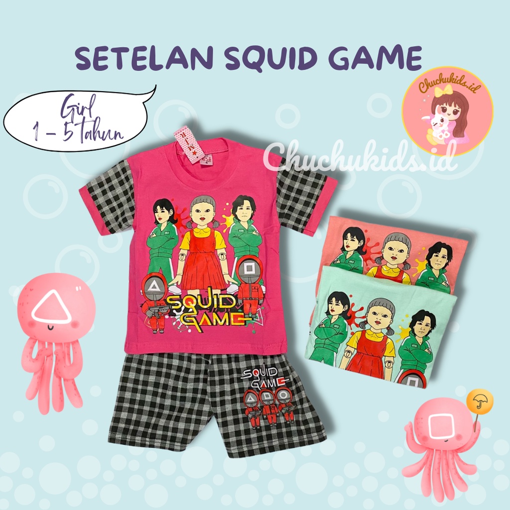 SETELAN ANAK PEREMPUAN LENGAN PENDEK SQUID GAME lokal, kaos anak perempuan squid game