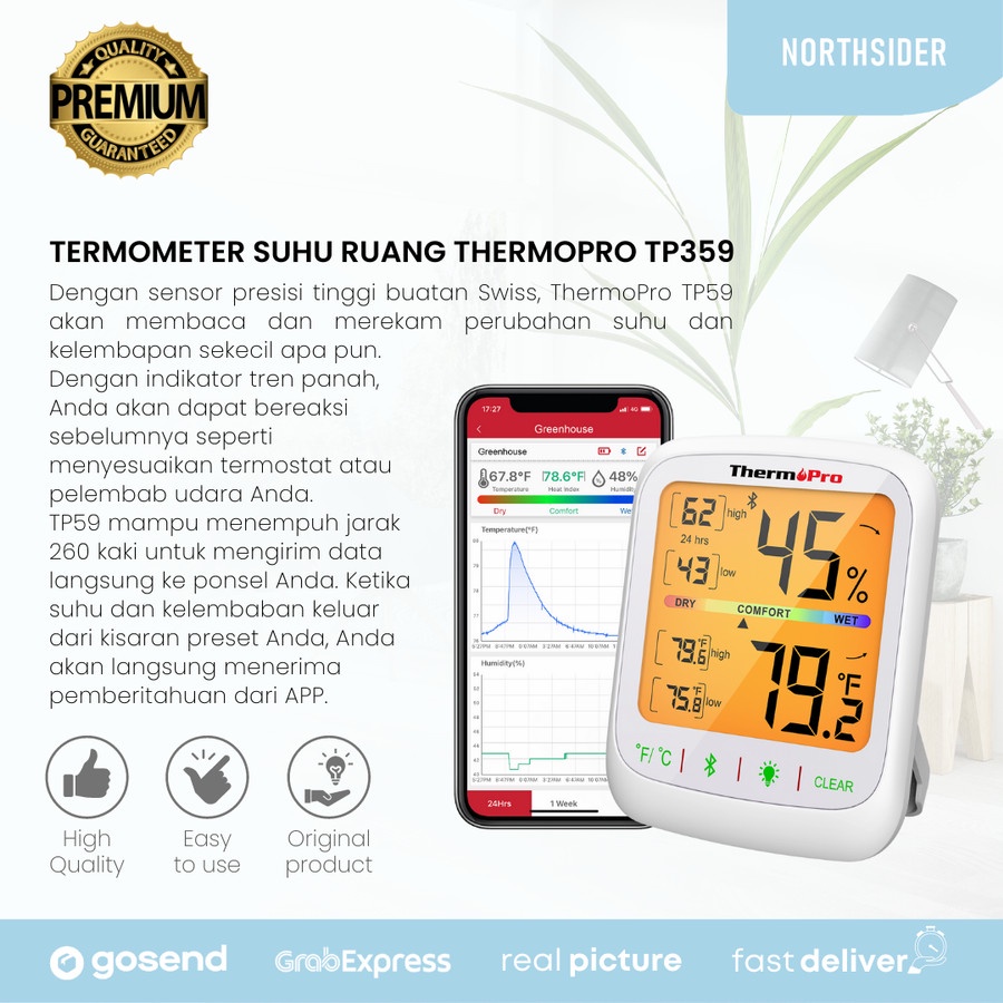 SMART THERMOMETER HYGROMETER HUMIDITY W/ BLUETOOTH 80M THERMOPRO TP359