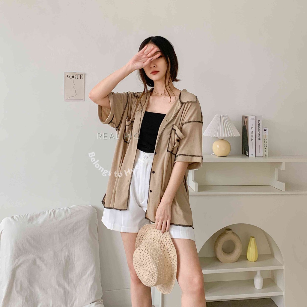 HYERIES Dabin shirt / Kemeja oversize / Pakaian Casual Wanita / Kemeja Polos Wanita / Kemeja jumbo bigsize / Atasan casual wanita / Atasan bumil / Rib blouse / Short sleeves shirt / Kemeja lengan pendek / Basic Shirt / Korea outfit / Knit oversized