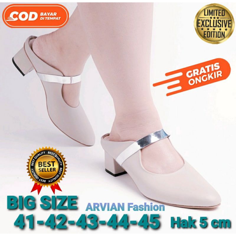 Mules Shoes Wowen Ukuran 41-42-43-44-45 Besar ZT-006 Cream BIG SIZE Sepatu Sandal Heels Selop Buston