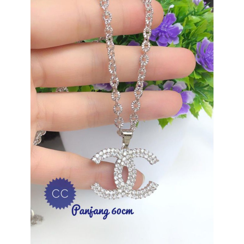 (OKT) Set Perhiasan Lapis Emas Xuping Kalung Panjang Hijab Liontin Chanel Permata Silver Titanium