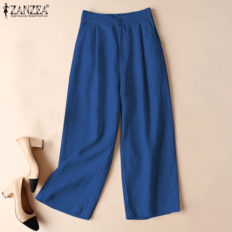 ZANZEA Women Plain Cotton Long Harem Pants Loose Elastic Waist Wide Legged Pants