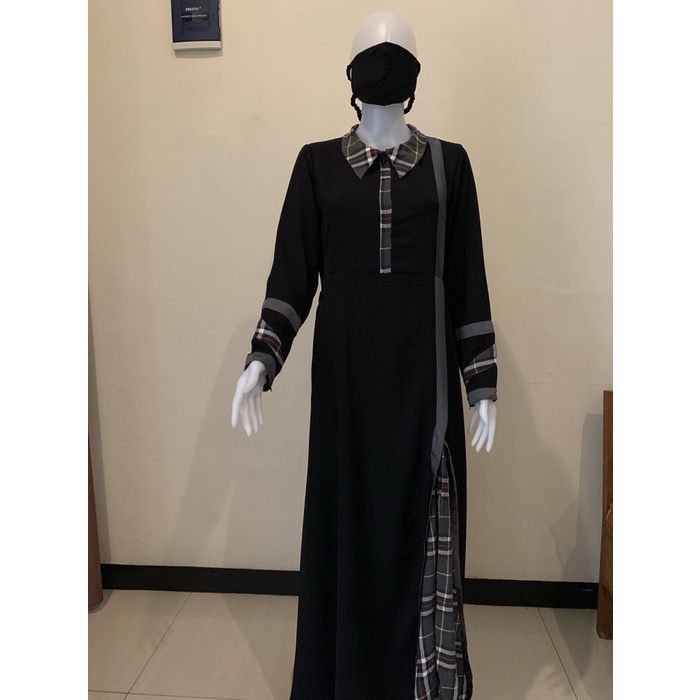 PREMIUM GAMIS CASUAL WANITA PLUS MASKER KATUN IMPORT HITAM & ABU - HITAM, M