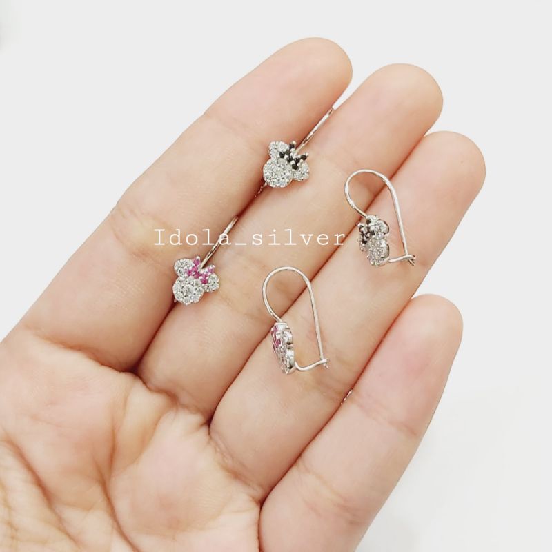 ANTING ANAK PERAK ASLI SILVER 925 LAPIS EMAS PUTIH MODEL MICKEY MOUSE HITAM DAN PINK - PERHIASAN PERAK ANAK