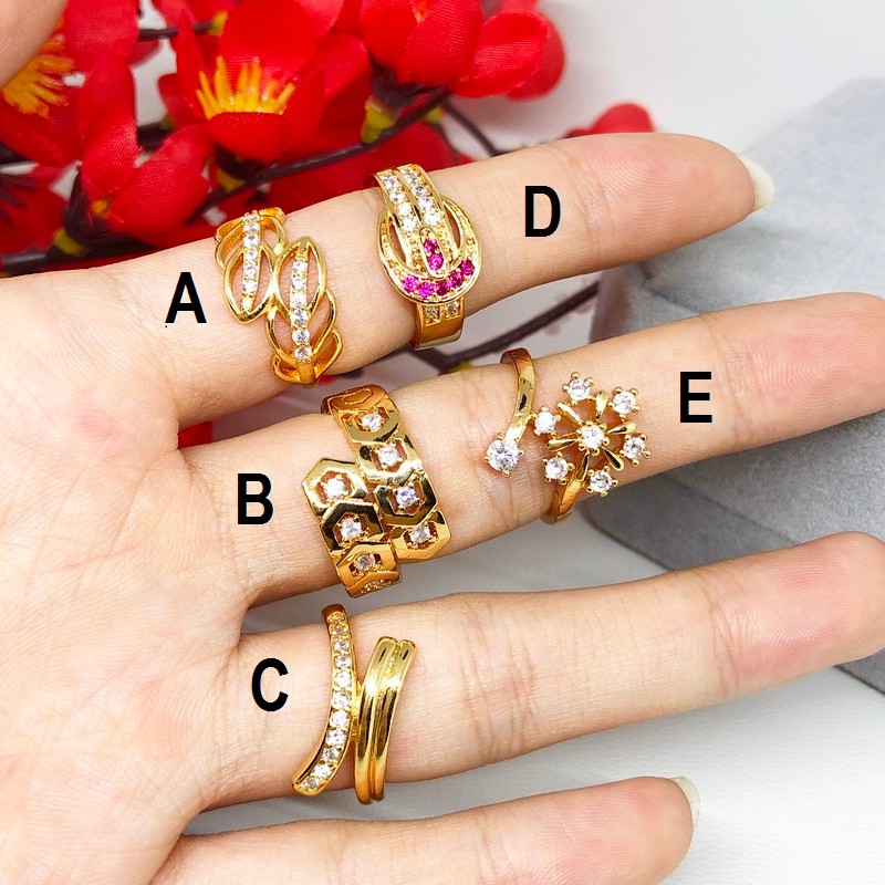 Cincin Yaxiya Model Silang Snowflake Belt Batu Pink Daun Lapis Emas - BR409