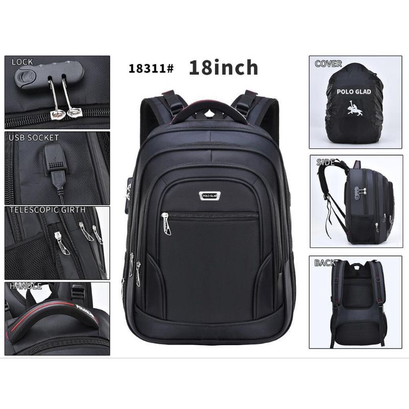POLO GLAD Tas Ransel Kerja Tas Sekolah Kunci Usb Port 18 inch Original Import + Raincover