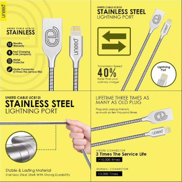 Kabel Data Uneed Stainless Steel Lightning UCB12I 1M Cable Iphone 5 6 7 Fast Charge 2.4A