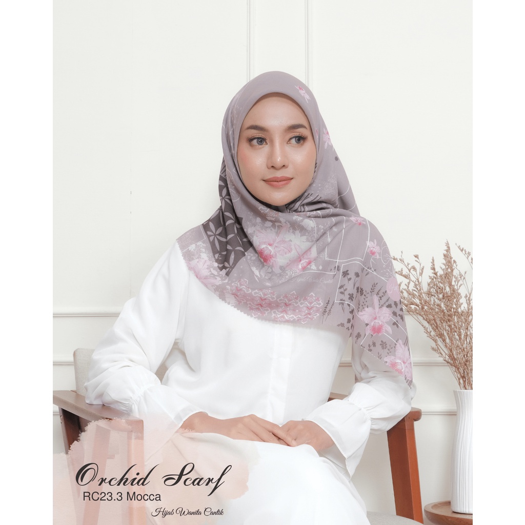 Hijabwanitacantik - Segiempat Orchid Scarf (MOCCA - RC23.3) | Bahan Veta Voal Aromatic | Hijab Printing Motif Premium