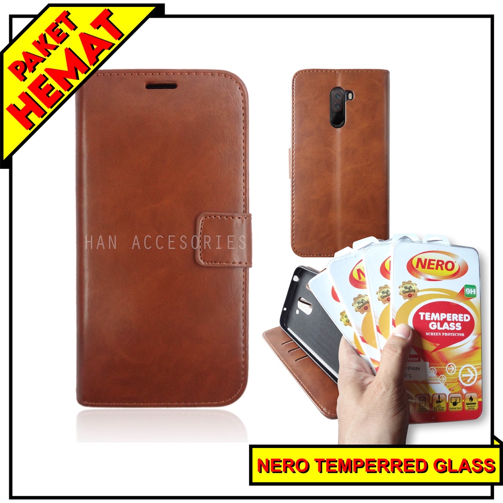 (PAKET HEMAT) Fashion Selular Flip Leather Case POCOPHONE F1 Flip Cover Wallet Case Flip Case + Nero Temperred Glass