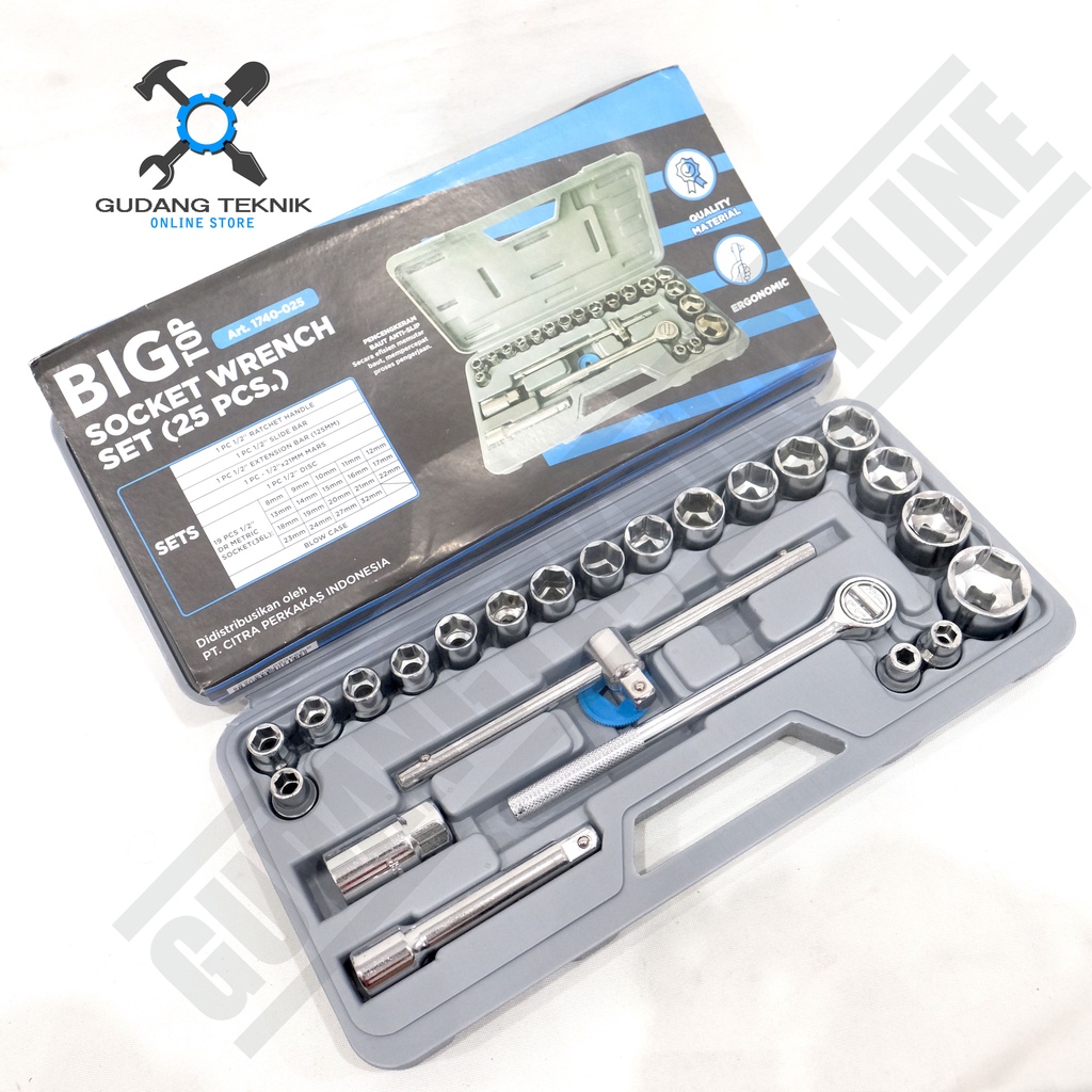 Kunci Shock 1/2&quot; Segi 6 SET 25pcs 8-32mm BIG TOP 1740-025 / Socket Sock Sok Wrench Set HASSTON BIG TOP