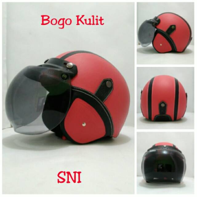 Helm Bogo Retro SNI Kulit Classic Merah Hitam + Kaca Bogo Ori