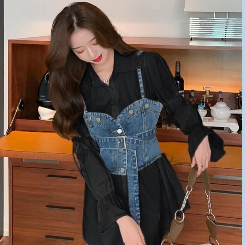 MDLV 2121 RHEXIA JEANS SET KOREA SET KEMEJA + VEST JEANS PREMIUM 1SET KEMEJA &amp; ROMPI FASHION IMPORT